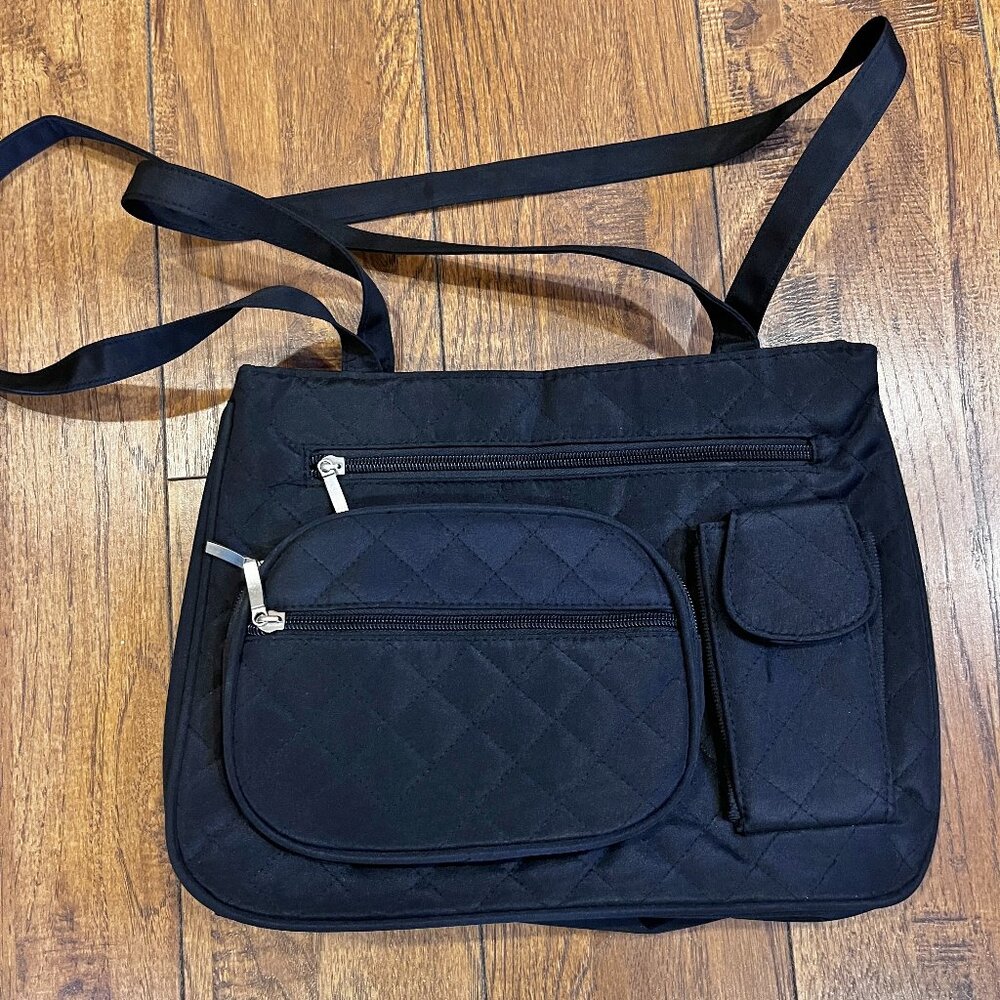 Black Quilted Shoulder Bag Outer Pockets - 2 accessory bags inside also